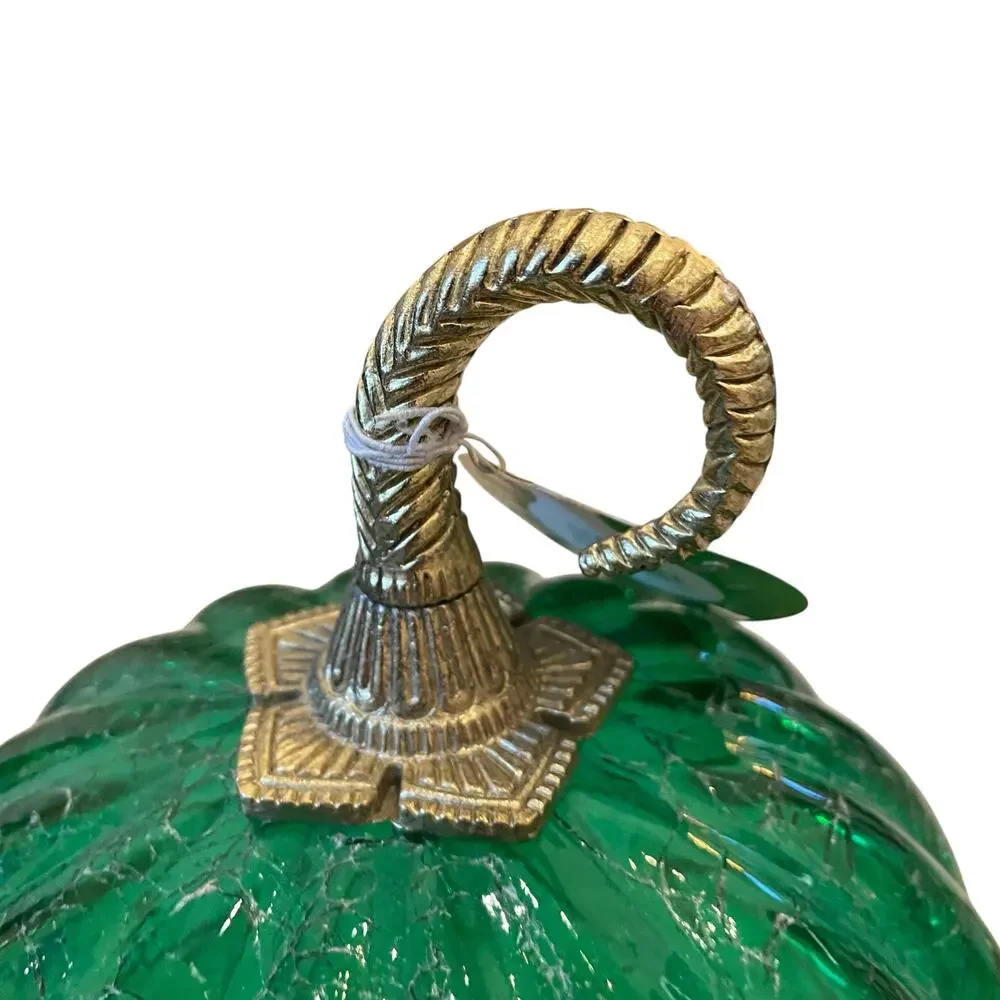 Illuminated LED Green Glass Pumpkin Gold Metal Stem 12.5